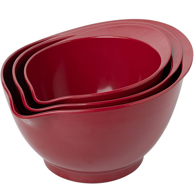 LEHAHA Set of 3 Melamine Mixing Bowls with Pour Spout, Non-Slip, BPA Free, Nesting large Serving Bowl with big handle for Prepping, Baking, Cooking, Kitchen Cooking and Baking Supplies, Burgundy Red