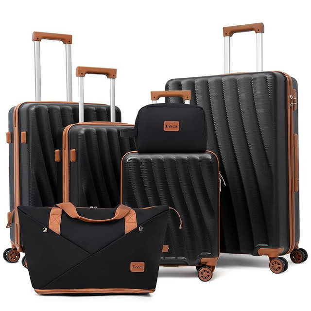 Eeeza Luggage Sets 6 Piece Carry on Suitcases with Spinner Wheels ABS Hardshell Lightweight Durable Travel Luggage with Combination Lock (Black, 6 Piece Set 16"/20"/24"/28")