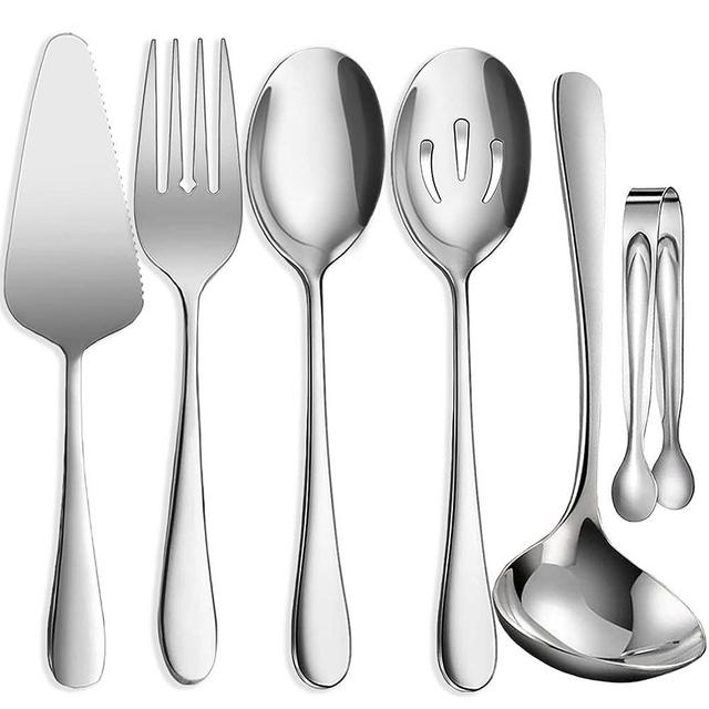 IAXSEE 6 PCS Stainless Steel Serving Utensils, Large Serving Spoons Slotted Spoons, Forks, Ice Suger Tongs, Cake Server, Soup Ladle, Metal Utensils Set Great for Buffet Catering Banquet Party, Silver