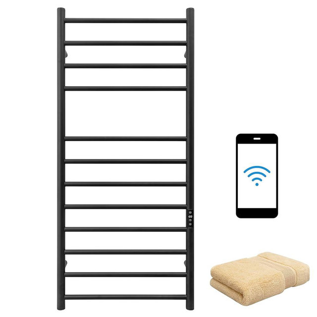 KEG Smart WiFi Towel Warmer Wall Mounted with Built-in Timer and Temperature Adjust Control, 12 Bars Electric Stainless Steel Heated Towel Racks for Bathroom Black