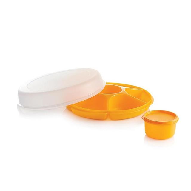 Tupperware Large Serving Center Divided Tray 13 Inches with Serving Cup in Papaya