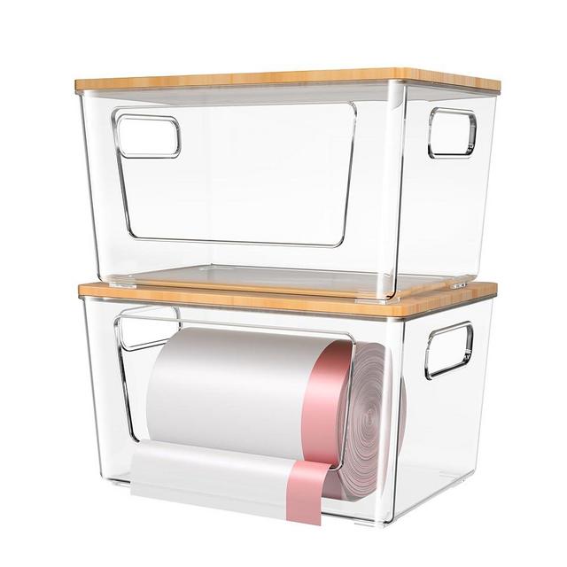 2 Pack Trash Bag Holder with Bamboo Lid, Stackable Trash Bag Dispenser, Extra Large Garbage Bag Holder for Kitchen Laundry Room Under Sink Organization and Storage