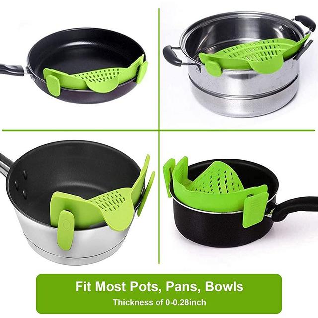 Silicone Clip on Strainer, Patented Clip on Silicone Colander, Clip-on Kitchen Food Strainer for Pasta, Ground Beef Grease, Fits Almost Pots (Green)