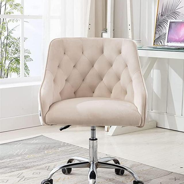 SLEERWAY Velvet Home Office Desk Chair, Modern Swivel Armchair, Comfy Task Chair with Height Adjustable, Upholstered Tufted Computer Chair for Working or Studying (Beige)