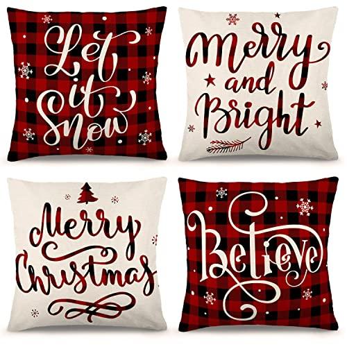 YGEOMER Christmas Pillow Covers 18×18 Inch Set of 4 Farmhouse Black and Red Buffalo Plaid Pillow Covers Holiday Rustic Linen Pillow Case for Sofa Couch Christmas Decorations Throw Pillow Covers