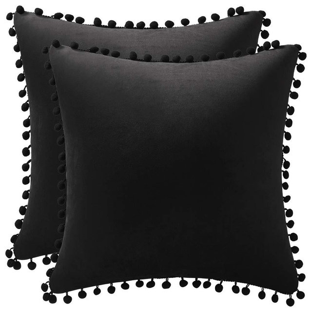 DEZENE Decorative Pillow Covers 18x18 Black: 2 Pack Cozy Soft Pom-poms Velvet Square Throw Pillow Cases for Farmhouse Home Decor