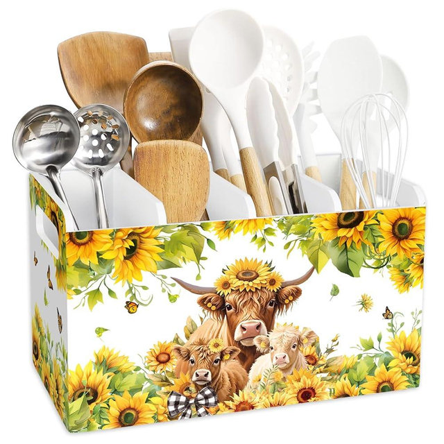 JarThenaAMCS Highland Cow Sunflower Wooden Utensil Holder 4 Compartment Large Cattle Floral Cooking Utensil Organizer for Farmhouse Home Kitchen Countertop Storage Container