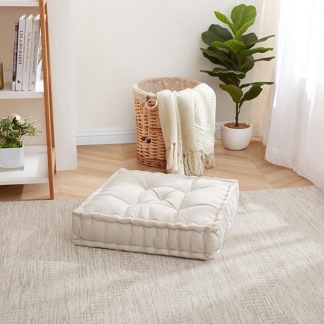 Sweet Home Collection Floor Pillow Large Square Tufted Decorative Cushion. Faux Velvet Fabric Ultra Thick Fill for Kids and Adults, 1 Pack, Ivory
