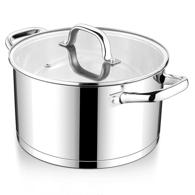 E-far Stainless Steel Stock Pot, 8 Quart Tri-ply Base Cooking Pot with Glass Lid, Induction Soup Pot Compatible with All Stoves, Nontoxic & Thick Bottom, Oven & Dishwasher Safe