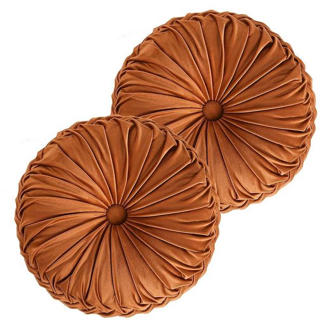 HIG Set of 2 Decorative Round Pleated Throw Pillows, Classy Accent Pumpkin Throw Pillows with Center Button, Vintage Velvet Floor Pillows for Sofa Vanity Chair Bed, Rust, 14.5" Diameter(Ripple)
