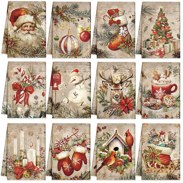 VitalCozy 12 Pcs Christmas Kitchen Towels and Dishcloths Retro Christmas Tree Reindeer Santa Claus Cardinal Snowman Hand Tea Towels Decor for Xmas Home Housewarming Gift Supplies, 14.2 x 21.3 Inch