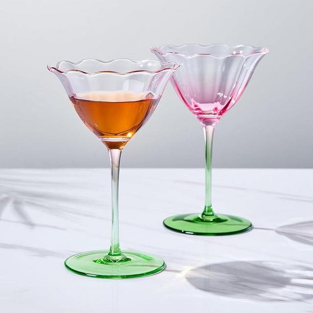 Khen Blossom Pink Tulip Flower Martini & Champagne Coupe Glasses | 2 Set | 6oz Hand Blown Colored Crystal Cocktail Glasses, Blush Pink & Green