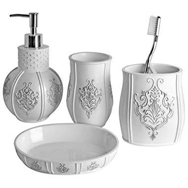 Vintage White Bathroom Accessories, 4 Piece Bathroom Accessories Set, Bathroom Set Features French Fleur-De-Lis Motifs, Soap Dispenser, Toothbrush Holder, Tumbler & Soap Dish - Bath Gift Set