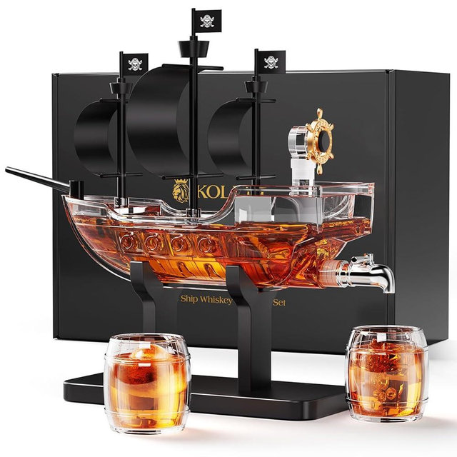 Kollea Birthday Gifts for Men Dad, Pirate Ship Whiskey Decanter Set with 2 Glasses, Liquor Dispenser for Home Bar, Funny Gift Ideas for Him, Husband, Father, Boyfriend, Anniversary, Sailor & Captain