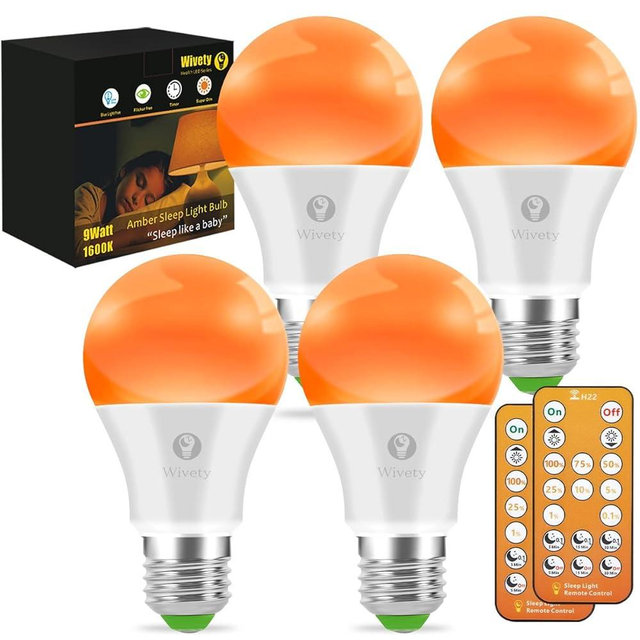 Wivety Sleep Light Bulbs Amber 1600K with Remote Control, Blue Light Blocking A19, 9W for Sleep Therapy, Baby Nursery, Bedroom (4 Packs)