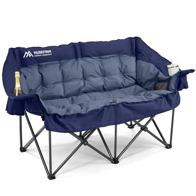 Double Camping Chairs Padded Loveseat Chair for 2 Person - Heavy Duty Oversized Camping Couch for Adults Outdoor Lawn Beach - Portable Folding Sofa with Cup Holders and Carry Bag, Navy Blue
