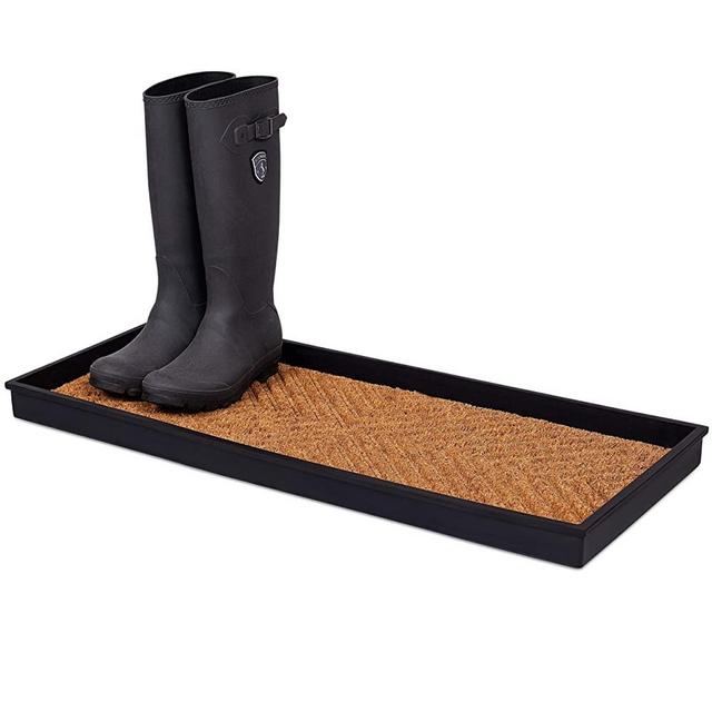 BIRDROCK HOME Rubber Boot Tray with Coir Insert - 34 inch Decorative Boot Tray for Entryway – Shoe Mat – Waterproof - All Weather Indoor or Outdoor Use – Dog Water Food Bowl Wide Trays