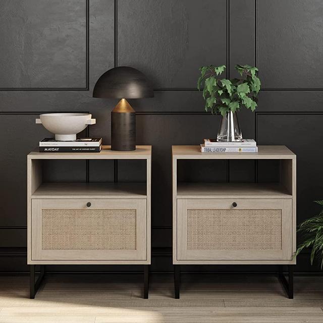 Nathan James Mina Side, End or Accent Table with Natural Rattan Storage Door for Living Room or Nightstand for Bedroom, Set of 2, Oak/Black