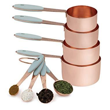 Cook with Color 8-Piece Copper Measuring Cups and Measuring Spoon Set Stainless Steel with Soft Touch Silicone Handles, Nesting Liquid Measuring Cup Set or Dry Measuring Cups Set (Mint)