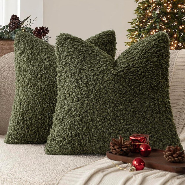 Foindtower 2 Pieces 18x18 Inch Olive Green, Faux Fur Throw Pillow Cover Accent Sherpa Furry Pillow Covers Fuzzy Soft Pillowcases Cozy Sheepskin Decorative Fleece Cushion Case for Bed Couch Living Room