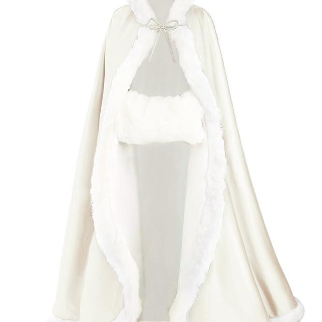 BEAUTELICATE Wedding Cape Hooded Cloak for Bride Winter Reversible with Fur Trim Free Hand Muff