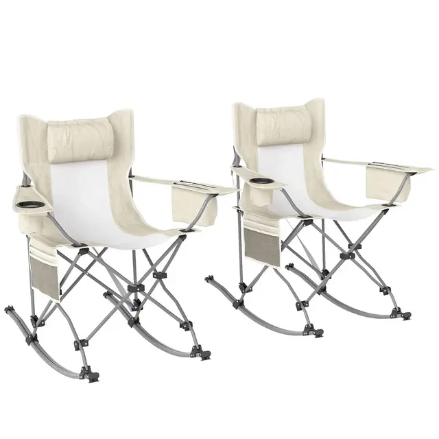 Outsunny Folding Camping Chairs, Portable Outdoor Rocking Chairs with Headrest, Cooler Bag, Cup Holder, Carry Bag, 2 Pack, Cream