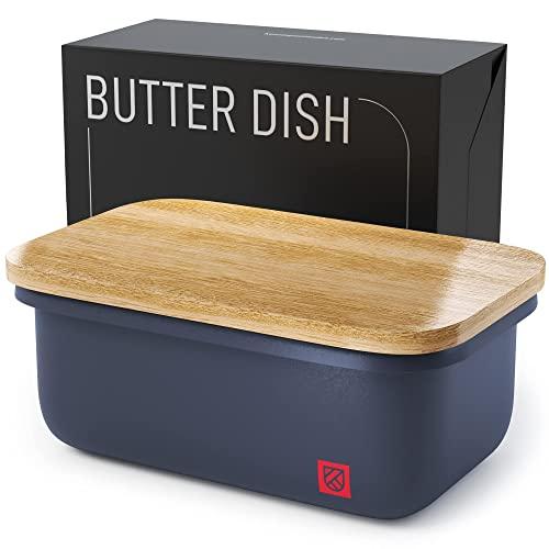 Butter Dish with Bamboo Lid - Countertop Butter Stick Container with Airtight Freshness Seal - Butter Keeper with Cutting and Chopping Board - Butter Crock for Counter Top by Kensington London - 23oz