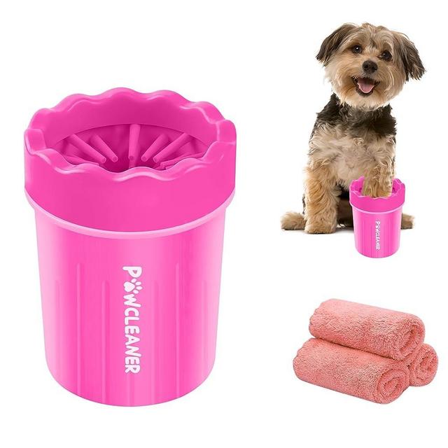 Comotech Dog Paw Cleaner, Portable Dog Paw Washer Pet Cleaning Silicone Brush with 3 Absorbent Towel, Pet Foot Cleaner for Small Breed Dogs(Pink)