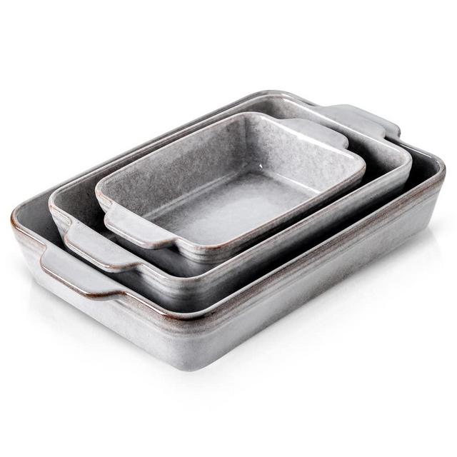 KOOV Bakeware Set, Ceramic Baking Dish Set, Rectangular Casserole Dish Set, lasagna Pan, Baking Pans Set for Cooking, Cake Dinner, Kitchen, 9 x 13 Inches, Reactive Glaze 3-Piece (Variable Grey)