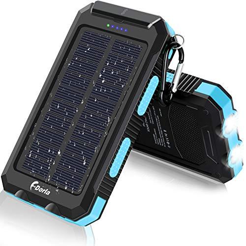 Solar Charger, F.Dorla 20000mAh Portable Outdoor Waterproof Solar Power Bank, Camping External Backup Battery Pack Dual 5V USB Ports Output, 2 Led Light Flashlight with Compass (Blue)