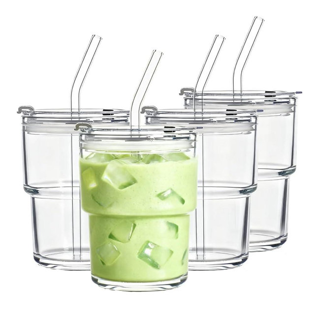 BenRain Glass Tumbler with Straw and Lid, 13 oz | Iced Coffee Cups with Lids Reusable | Clear Thick Glass for Water, Matcha, Smoothie, Cold Brew | Set of 4