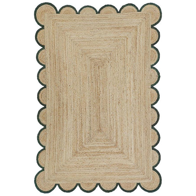 Weaving Village Scalloped Natural Jute Area Rug, Green Trim, 4'x6'
