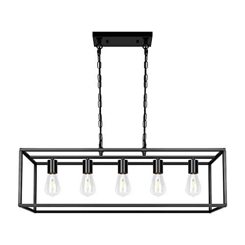 Black Farmhouse Kitchen Island Dining Room Pendant Light Modern 5-Light Chandelier Rectangle Metal Industrial Ceiling Light Fixtures for Living Room Foyer Bar (Black)