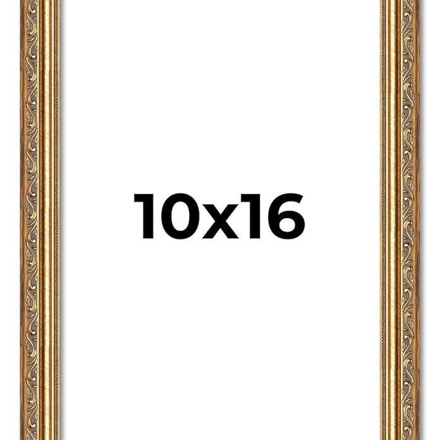 Poster Palooza 10x16 Frame Gold Antique Solid Pine Wood Picture Frame with UV Acrylic Plexiglass, Foam Board Backing & Hanging Hardware Included