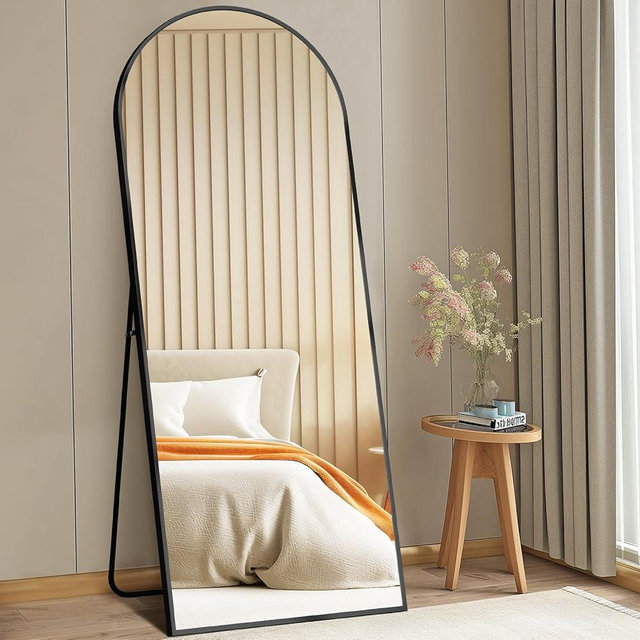DUMOS 64"x21" Arched Full Length Mirror with Stand Floor Free Standing Aluminum Frame for Bedroom Body Hanging Leaning Modern Simple Home Decor Shatter-proorf Nano Glass Wall, Black-Rounded