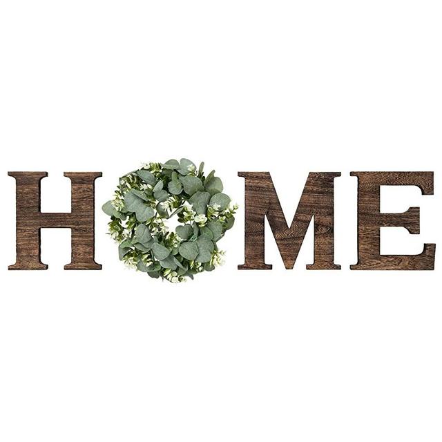 Mkono Wall Hanging Wood Home Sign with Artificial Eucalyptus for"O" Rustic Wooden Home Letters Decorative Wall Decor Signs for Living Room House, 9.8''H x 8.5''W