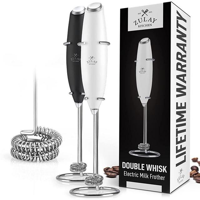 Zulay Double Whisk Milk Frother Handheld Mixer - High Powered Frother For Coffee With Improved Motor - Electric Whisk Drink Mixer For Cappuccino, Frappe, Matcha & More, Twin Whisk (Blizzard White)