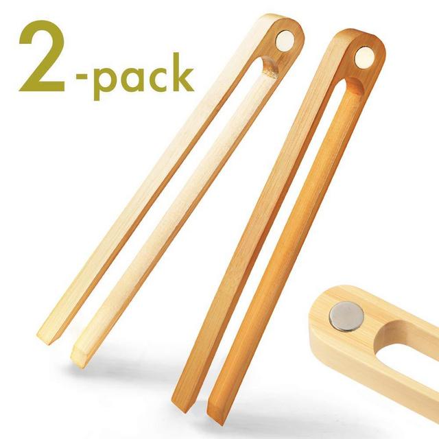 Magnetic Bamboo Toaster Tongs: 100% Natural 8.7” Wood Kitchen Toast Tongs| Eco-Friendly, Space Saving Modern Kitchen Accessory for Home Restaurant | Set of 2