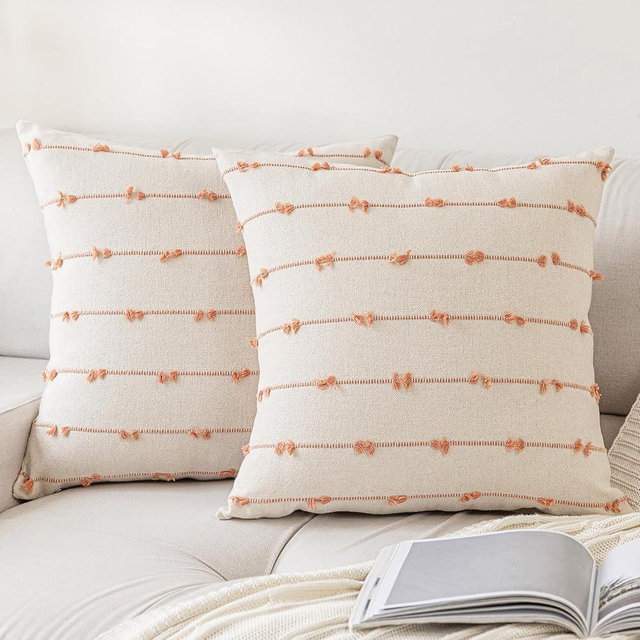 YEENAASY Boho Throw Pillow Covers 18x18 Set of 2 Modern Farmhouse Decorative Cushion Case Tufted Linen Square Pillows Cover Neutral Pillow Cases Accent Pillowcase for Sofa,Couch,Bed,Beige and Pink