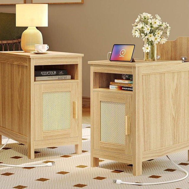 Huuger Narrow Night Stand Set of 2, End Table with Charging Station, USB-C Port, Rattan Side Table with Cabinet and Open Shelf, Synthetic Rattan, for Small Spaces, Bedroom, Natural Wood