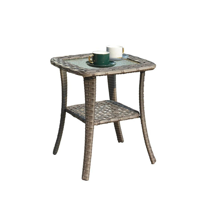 ovios Outdoor Side Table Patio Wicker Coffee Table Patio Tables with Tempered Glass Top Rattan Steel Frame Side Table Square End Table for Yard Deck Porch, Grey Wicker