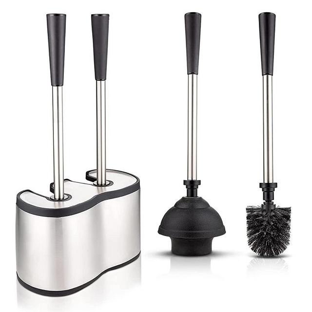 UMIEN Toilet Brush and Plunger Set - Stainless Steel Plunger and Toilet Brush Combo with Freestanding Canister - Modern and Sleek Bathroom Cleaning Accessories