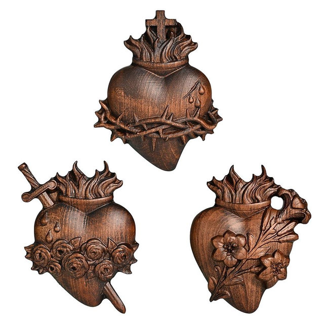 bgcarpenter Three Sacred Hearts Wall Decor Wooden Sacred Heart of Jesus Immaculate Heart of Mary Most Chaste Heart of St.Joseph, Religious Handmade Holy Family Wall Art (4 Inch)
