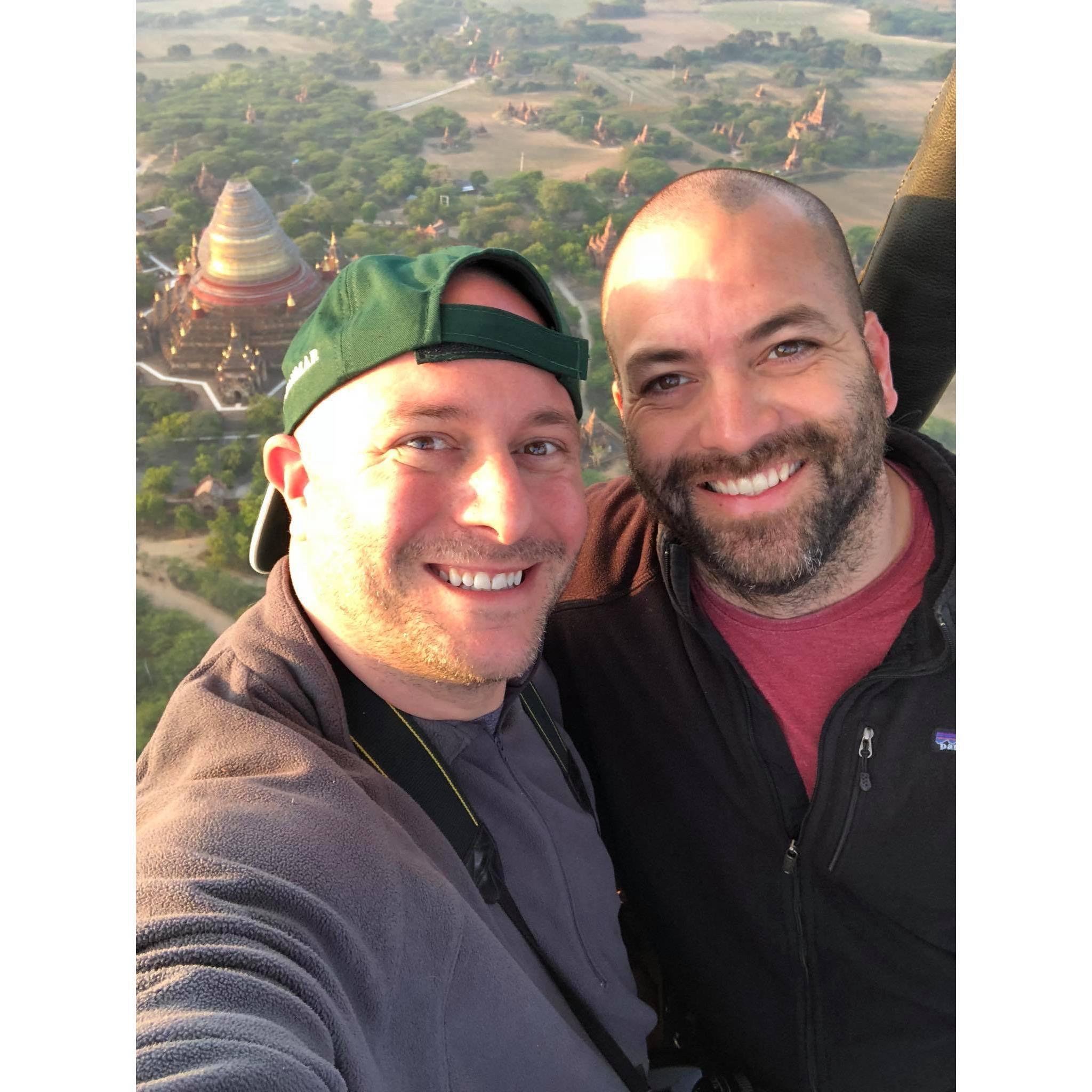 Sunrise hot air balloon ride over Bagan, Myanmar