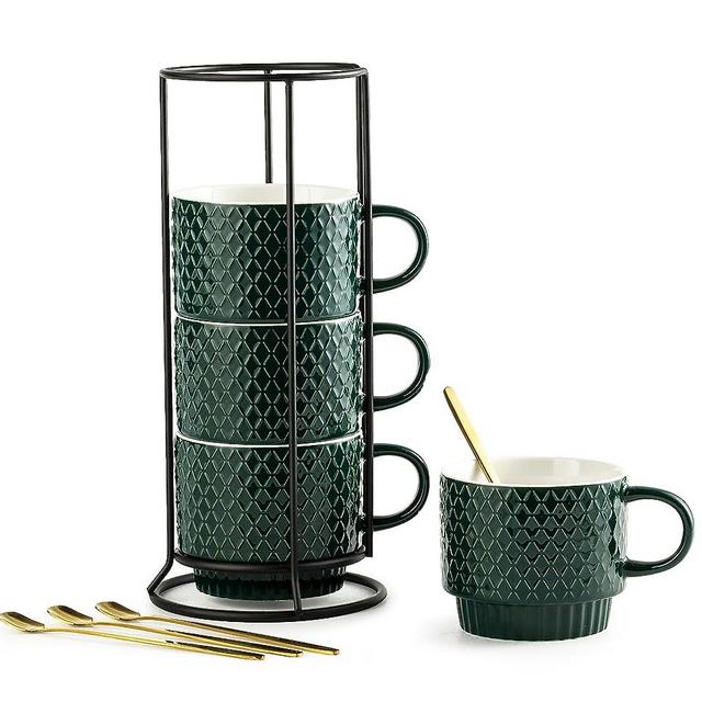 LYEOBOH Coffee Mug Set Porcelain Stackable Mugs with Stand and Spoons,13 oz Cappuccino Cup Demitasse Cups for Drinks, Espresso, Latte,Set of 4, Dark Green