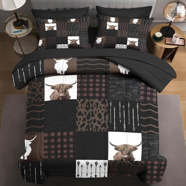 WeCozy 5 Pcs Twin Size Comforter Set with Pillowcase & Sham, Highland Cow Animal Bedding for Kids and Adults, Brown Farm Vintage Print Bed in a Bag with Flat Fitted Sheet