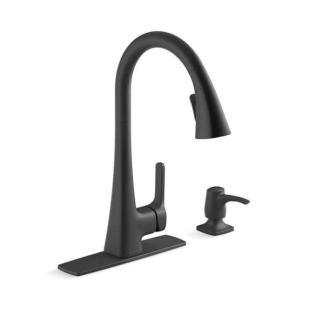 KOHLER R22867-SD-BL Maxton Pull-Down Kitchen Faucet with Soap Dispenser, Kitchen Sink Faucet with Pull Down Sprayer, Matte Black