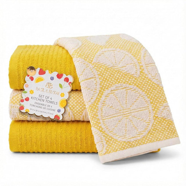 MosJos Kitchen Towels Set of 4 Premium Hand Towels 18 x 28 Inch Large Tea Towels for Drying & Decor - Soft, Absorbent Cotton Yellow Ribbed and Lemon Citrus Weave Cute Hand Towels - Housewarming Gift
