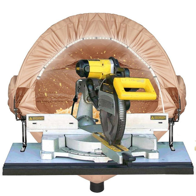GARVIN Miter Saw Dust Collection Hood with Light, Dust Solution for Table Miter Saw, Chop Saw Hood Dust Collector Attachment, Accessory Holes, with Storage Bag, Fits All Miter Saws Khaki