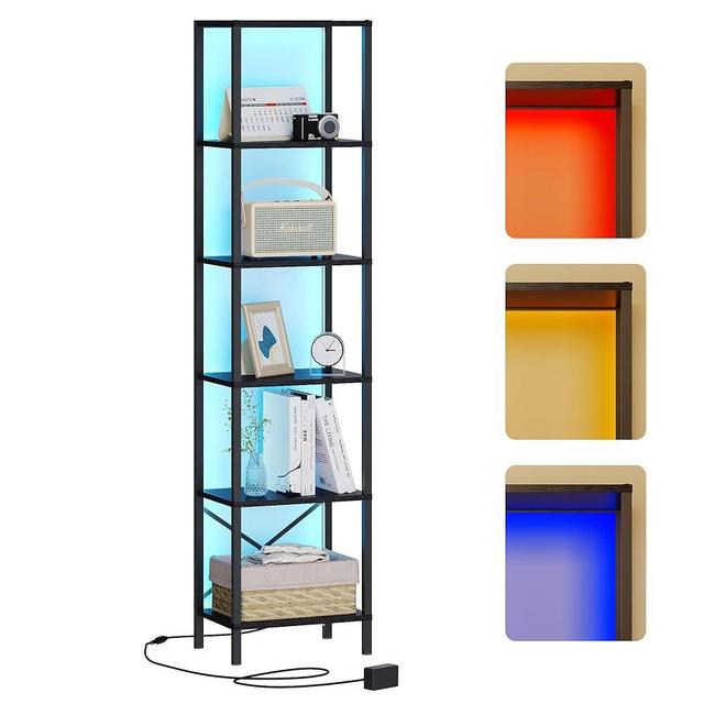 JARHETUN 6-Tier Bookshelf, Tall Narrow Bookcase with LED Lights, Book Shelf with Steel Frame, Display Storage Shelf for Living Room, Bedroom, Home Office, Study, Balcony, Black